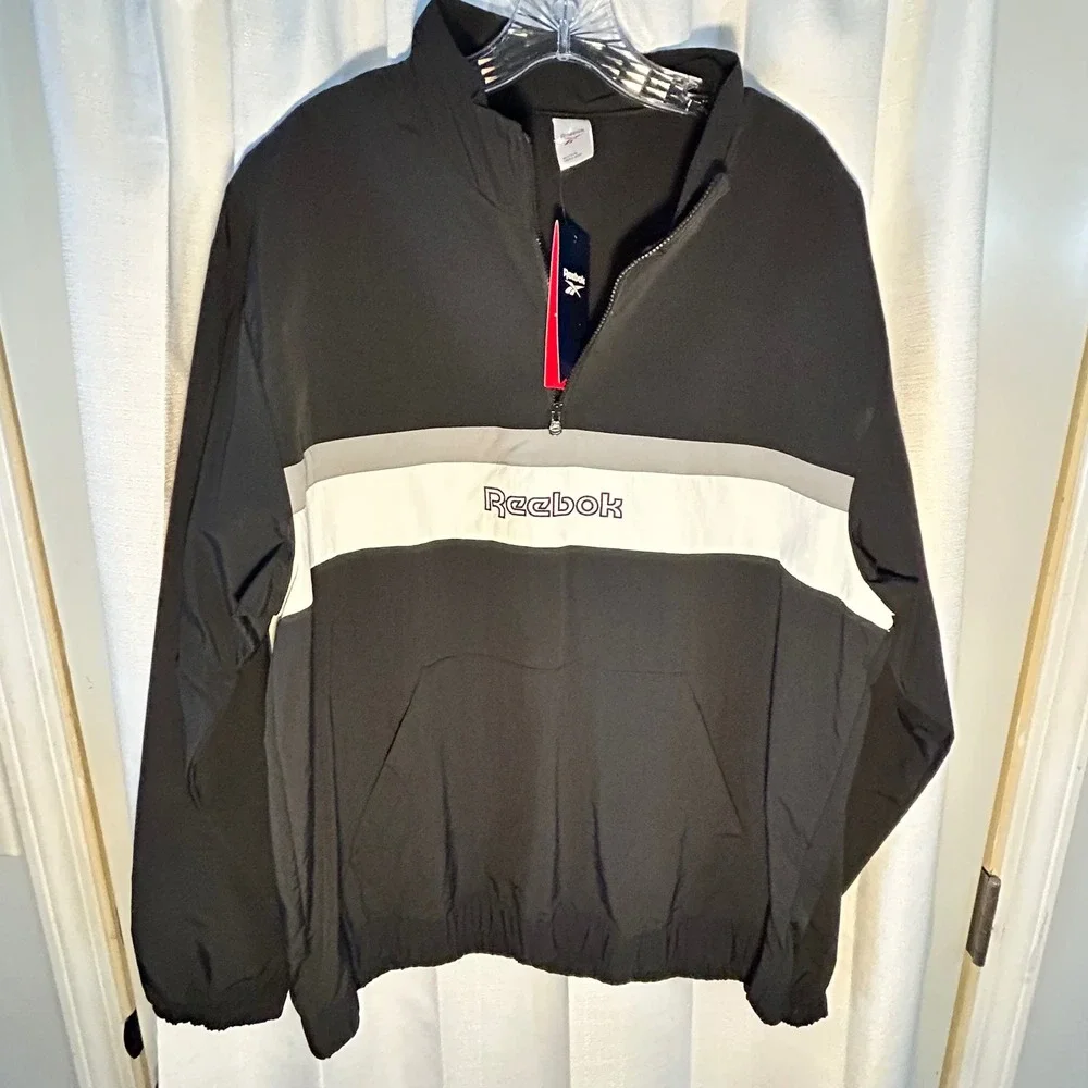 Reebok Mens Quarter Zip Pullover Jacket Black White Color Block Track Style‎